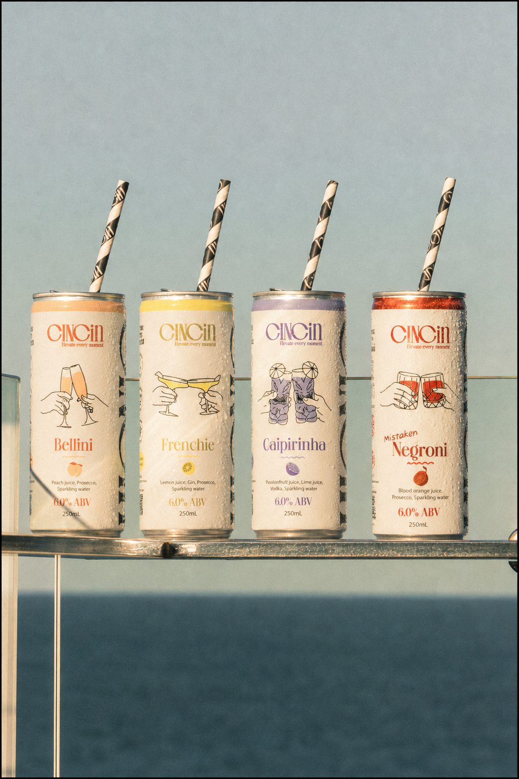 CINCiN mixed case featuring Bellini, Caipirinha, Frenchie and Mistaken Negroni premium canned cocktails