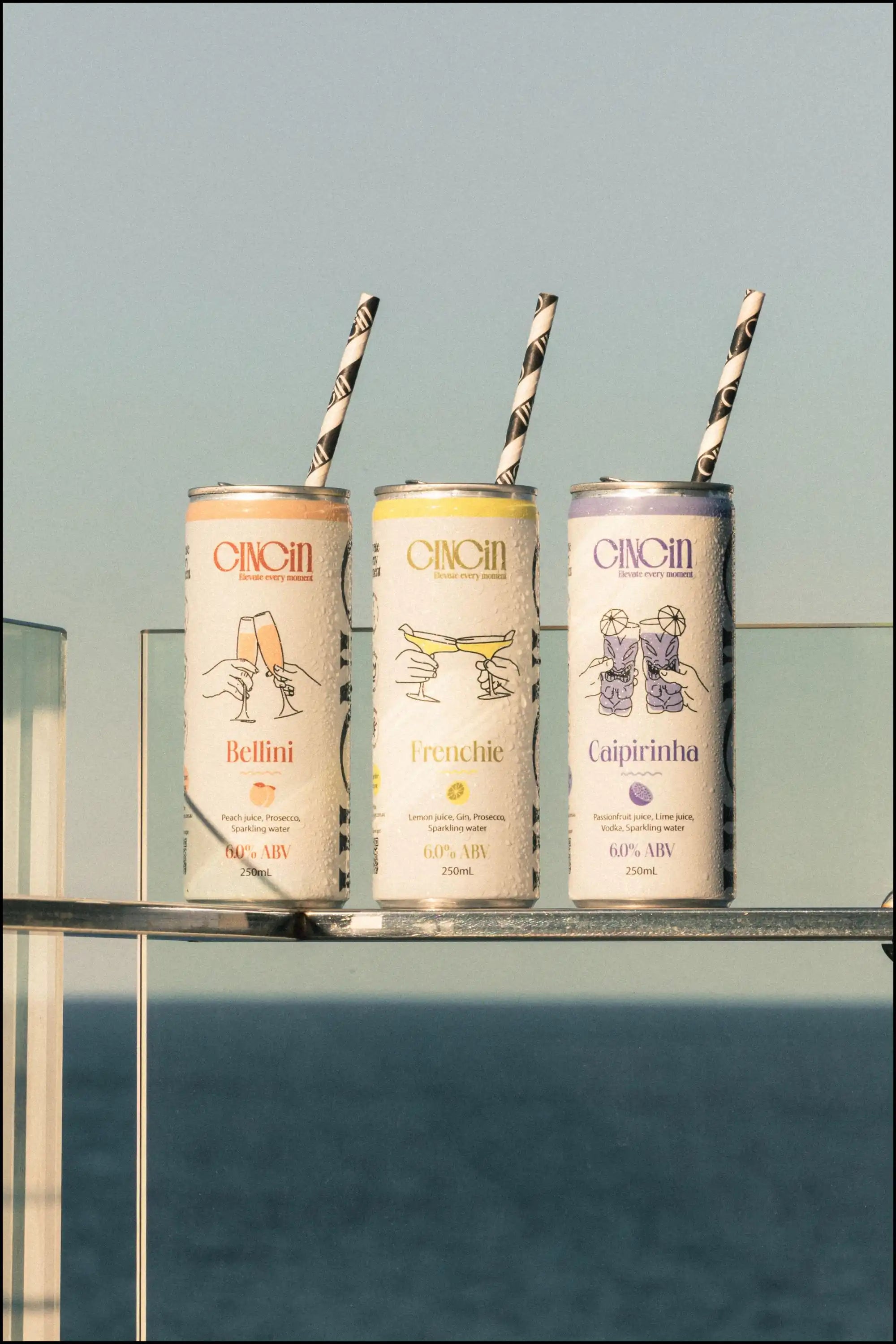 CINCiN mixed case featuring Bellini Caipirinha and Frenchie premium canned cocktails