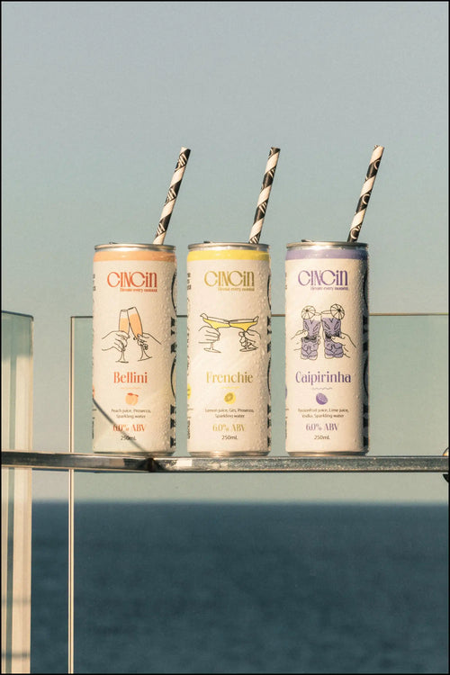 CINCiN mixed case featuring Bellini Caipirinha and Frenchie premium canned cocktails